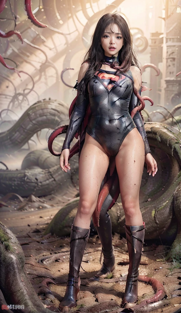 A beautiful girl with extremely detailed eyes, long eyelashes, and detailed lips, wearing a blue gym outfit, levitating in the air with tentacles covering her breasts and crotch, in a scary, flooded cavern, with a sad and ashamed look on her face, 8k, hyper realistic, cinematic lighting, highly detailed, dramatic composition, moody colors, atmospheric, photorealistic