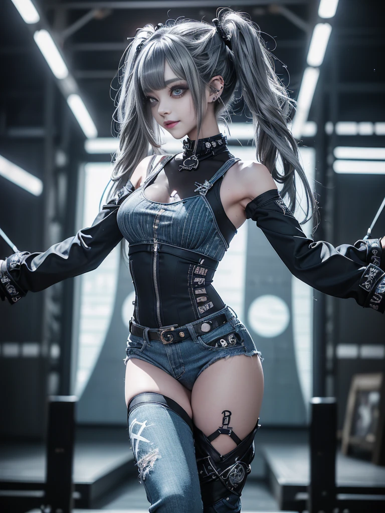 (Full Body View:1.2)、(Side view:1.1)、(Smiling with teeth showing:1.3),(Shibuya Gal:1.5)、(Gothic style fashion:1.5)、(Punk rock visual kei:1.5)、(Wearing a rhythmic gymnastics bodysuit with intricate details:1.4)、(Complex white racing suit and pants, Denim and turquoise decor:1.5)、(Denim and light blue and white boots:1.3)、((belt))、(A number of subtle logos are featured throughout the costume々:1.4)、(collar:1.3)、(Striped underwear:1.5)、20-year-old、Browsing Caution、((Highest quality、In 8K、masterpiece:1.3))、Sharp focus:1.2、(Layered Cut、Huge boobs:1.1),Beautiful woman with perfect figure:1.4、(Dance vigorously:1.3)、Slim Abs:1.2、Highly detailed face and skin texture、Detailed eyes、double eyelid,(Twin tails:1.3)、(Dark silver hair:1.3)、Idol Sculpture、(The background is the stage for a fashion show:1.3)、(The body is slim:1.3),(Slimming your legs:1.4),(clavicle:1.1)、(Thin and slim thighs:1.3)