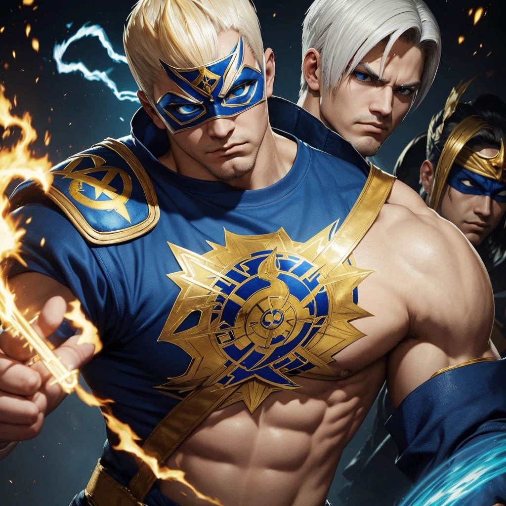 a portrait of a man with short white bob hair, a white and gold wrestler mask and a gold star on his forehead, torso with the (((Ramónof the King of Fighters)) shirt, blue pyrokinesis