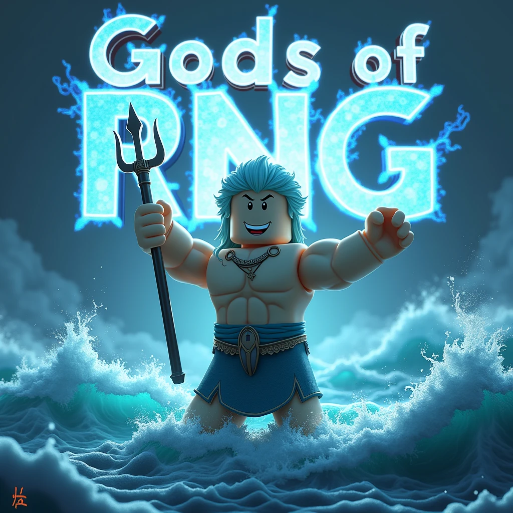 Posidon with his trident fighting a storm at night as a roblox character (make him look badass) (add text saying “God of RNG” in the background and make it big)