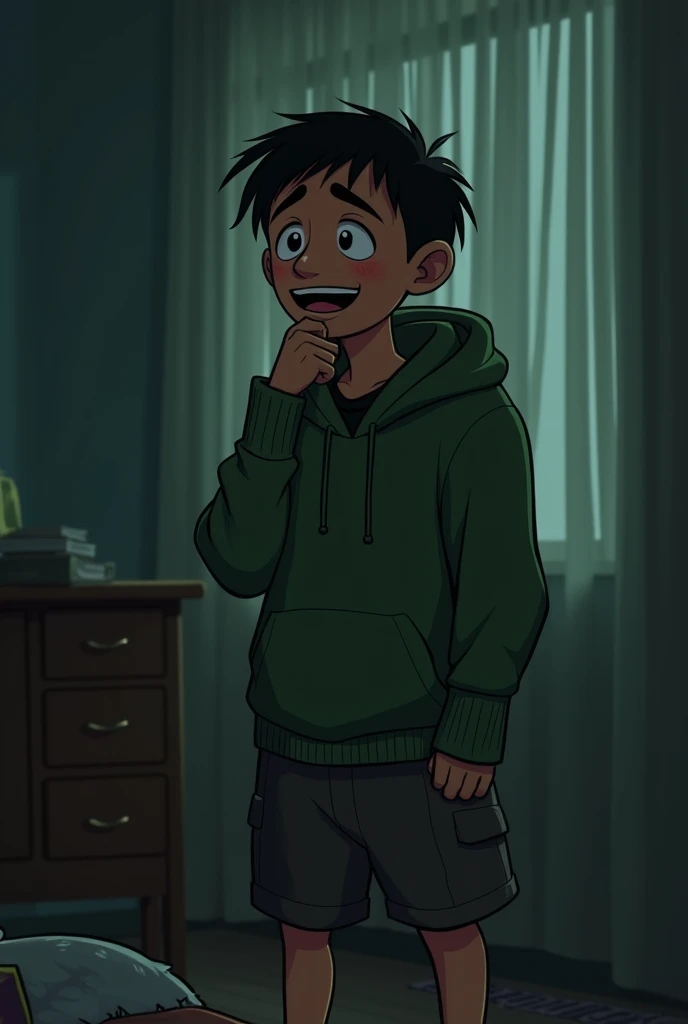 Picture a man, Indonesia face,wearing a green hoodie, short cargo pants, smiling but sad face, room feel, dim light, details, complicated, twilight effect