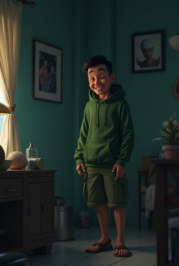 Picture a man, Indonesia face,wearing a green hoodie, short cargo pants, smiling but sad face, room feel, dim light, details, complicated, twilight effect