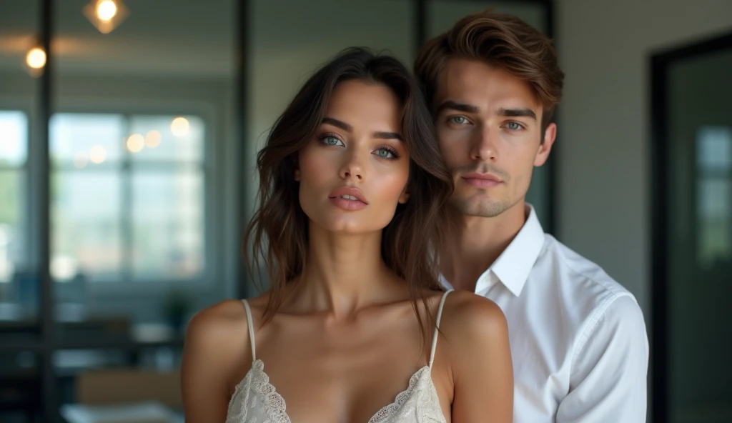posing in the office, morena MILF, , large blue eyes, high cheeks, well defined jawline, big eyebrows , (ashen hair) . sexy look, (just face), (full body photo ), 4K, detailded, and a man by his side, He is 2, brownhair, skin fair, eyes browns, he is wearing a white dress shirt and black pants