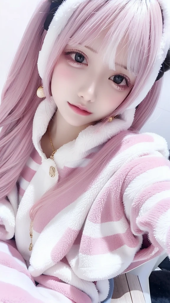 One person, solo, High resolution, masterpiece, accurate, Anatomically correct, Winner of numerous awards, Highest quality, Damaged, High-resolution model, High detail, Retina, Very detailed, Textured skin, Ultra high definition, movieの光効果, movie, movie撮影, Chiaroscuro, Background blur, Everything detailed and exquisite、Complete human body、Correct human body、Perfect human body、Accurate human body、Detailed Background、Elaborate Background
(Decolorization lighting:1.6, Blue lighting、Pink Bed、Love Hotel:1.8, Desaturated lighting:1.6, Dark outdoors:1.8, Late Night):1.5,
(Long black hair, From head to toe:1.5, Big Breasts, Big cleavage:1.3, (Japanese Jiraiya Type Girl :1.5, Jirai Type Makeup:1.5), Japan Underground Idols、
(((All of these pajamas are made from super soft fleece material:1.8, Light-colored pajama dress type、Absolute area、Long sleeve、Moe sleeves、hot pants、Thick pink and white horizontal stripes))),
Full body diagram