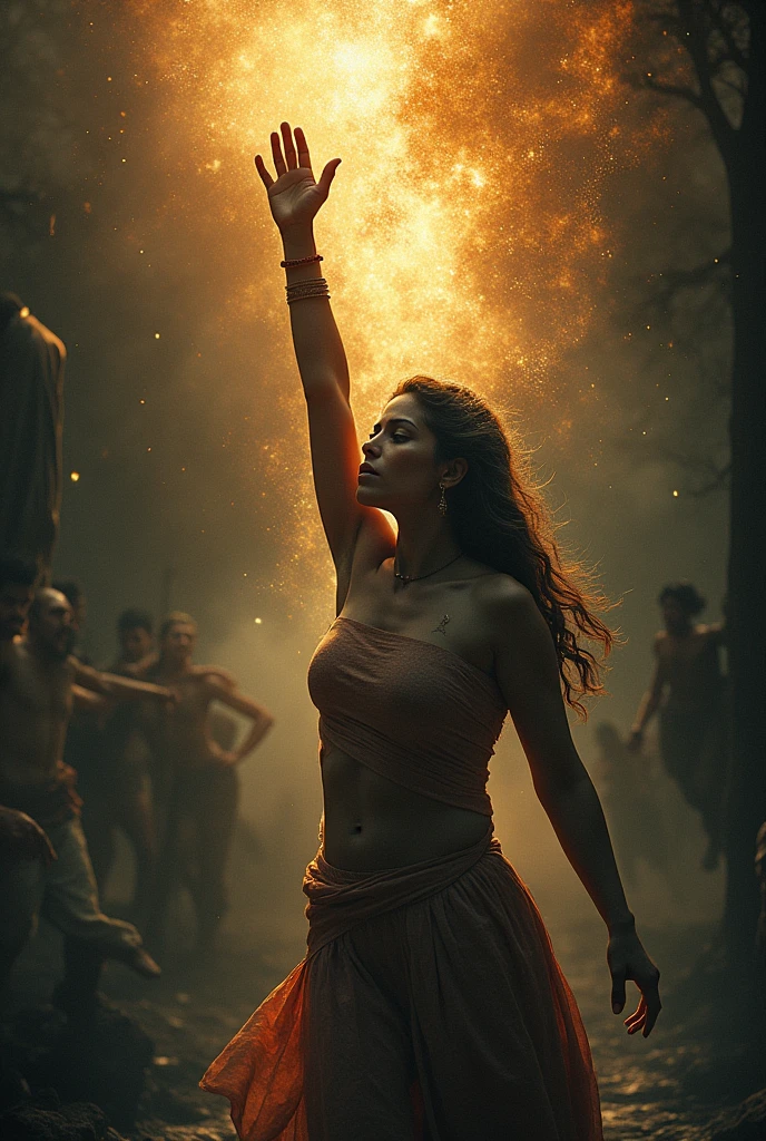 A powerful visual showing quick cuts between scenes: Draupadi being saved by Krishna, Sita standing tall after emerging from the trial by fire, and the modern young woman raising her hand in defiance against her attackers. Each scene should be intense and dramatic, with the mythological moments bathed in a golden, divine light, and the modern scene using sharp, contrast-heavy lighting. The focus is on the young woman's transformation from victim to survivor, embodying the strength of these legendary figures.