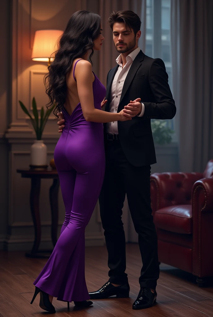 Beautiful Mistress, wearing purple boot-cut pants, wearing purple blouse ,wearing black sandals, handsome man, man wearing suit, mistress punishing on man, punishment