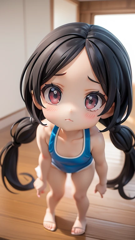 Swimwear、Girl、Girl、Mini character、Deformed character、Primary school students、small、sharp、Black Hair,、The forehead is visible、Forehead、