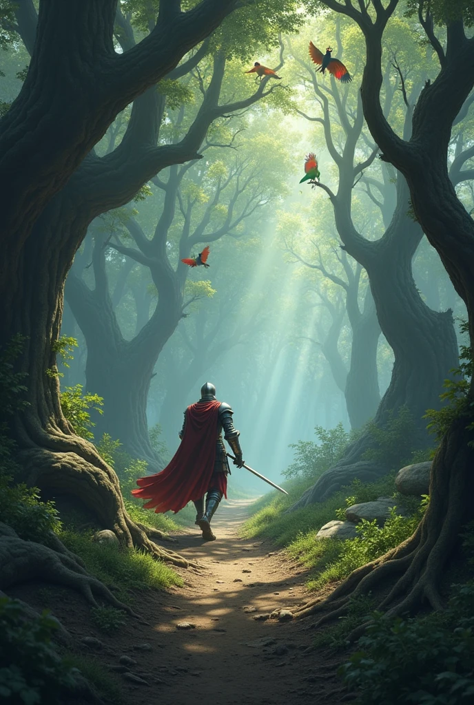 Further ahead, Leo the knight found a dark forest full of trees that talked and moved. The trees tried to grab him, but Leo was very fast and brave. He asked the birds of the forest for help, who guided him through a secret path to the other side.