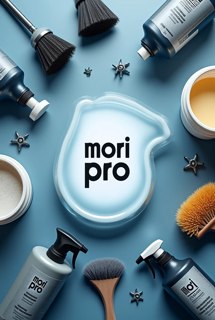 Logo of a company selling car detailing products called “Mori Pro” In the background there are car wash brushes, car wash product containers, 5 litre buckets with products, car wash spray bottle, a polisher