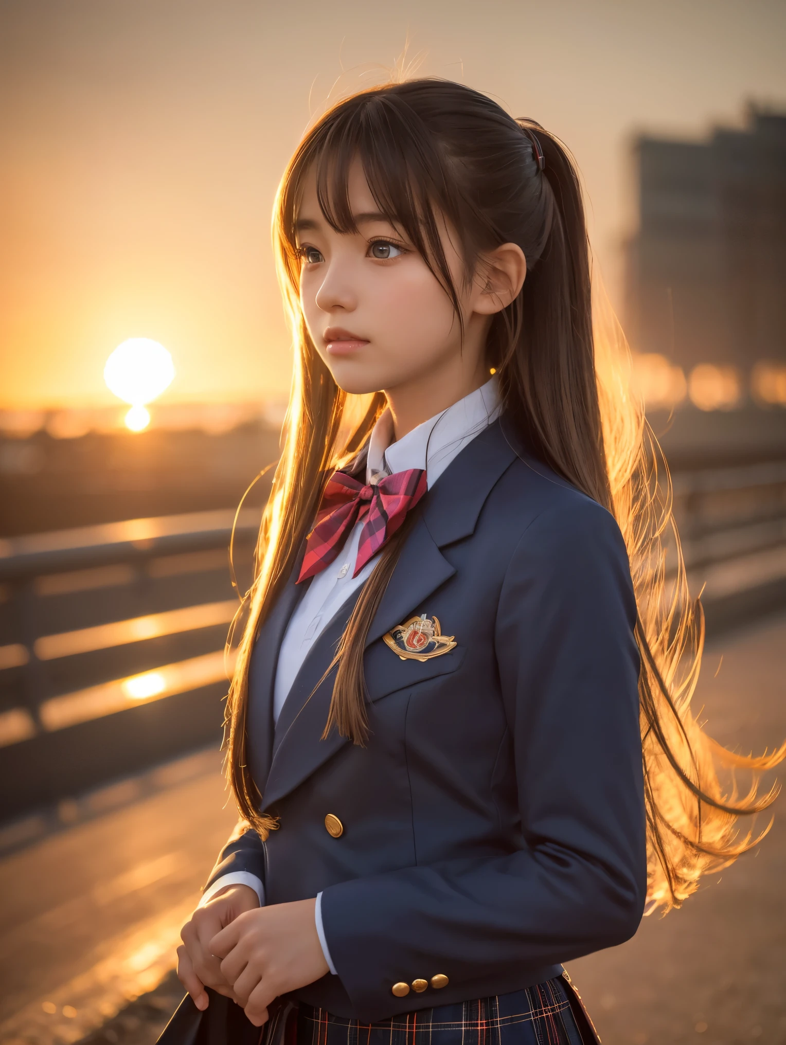 A highly detailed close-up image of a young anime girl with long silver hair flowing gracefully in the wind. The character has large, vibrant blue eyes with a determined yet calm expression. She is dressed in a detailed school uniform, consisting of a white shirt with a red bow tie, a dark blazer with golden insignias on the shoulders, and a plaid skirt with subtle folds. The girl’s hair has intricate details, with a single strand standing up prominently. The lighting is warm and golden, suggesting a sunset background, which adds depth and softness to her features. The overall atmosphere combines a sense of strength and elegance, as her dynamic pose with slightly extended arms enhances the flowing movement of her clothes and hair. The background is blurred but hints at an urban setting with soft, glowing lights, creating a dreamy and cinematic effect.