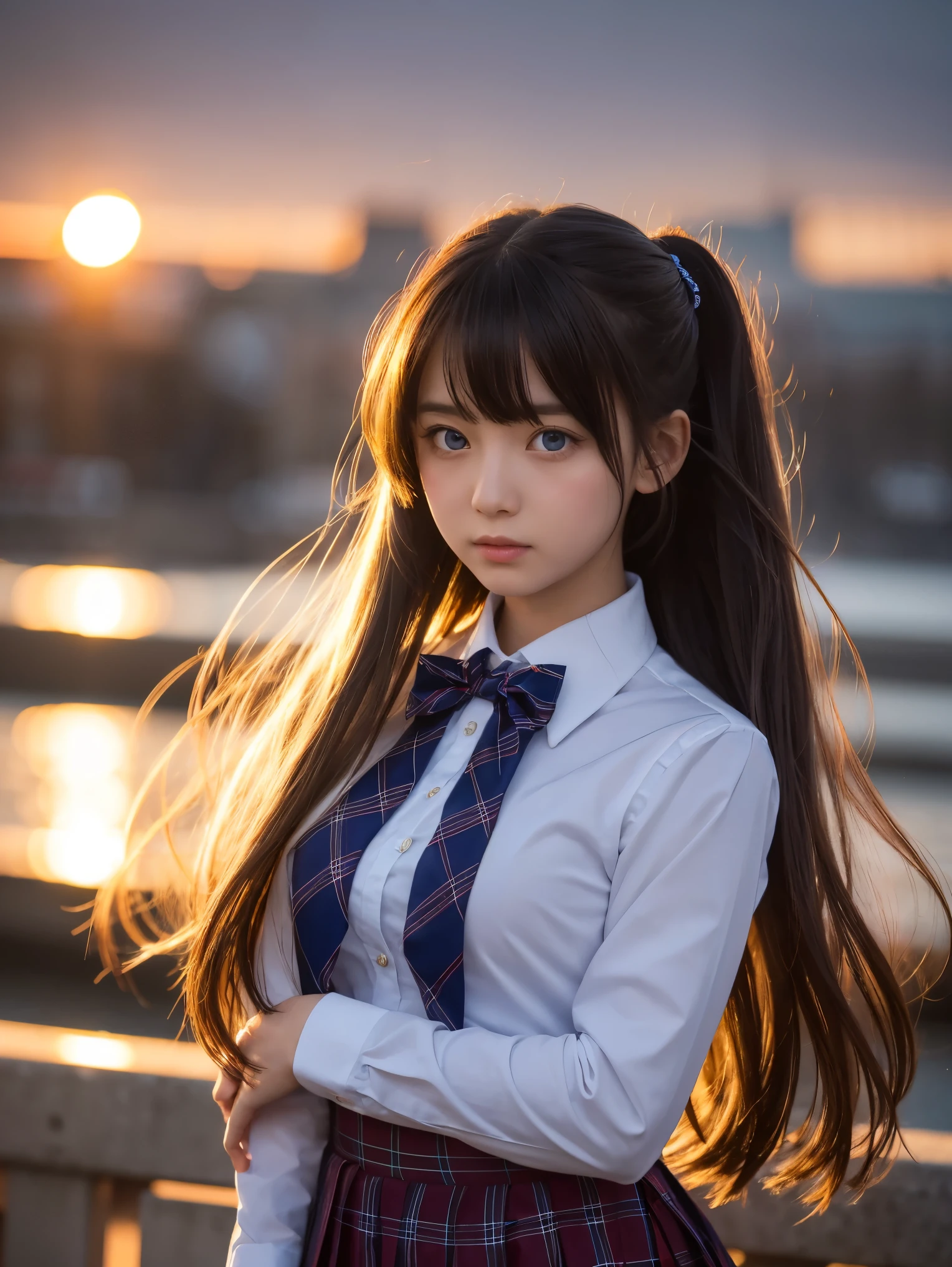 A highly detailed close-up image of a young anime girl with long silver hair flowing gracefully in the wind. The character has large, vibrant blue eyes with a determined yet calm expression. She is dressed in a detailed school uniform, consisting of a white shirt with a red bow tie, a dark blazer with golden insignias on the shoulders, and a plaid skirt with subtle folds. The girl’s hair has intricate details, with a single strand standing up prominently. The lighting is warm and golden, suggesting a sunset background, which adds depth and softness to her features. The overall atmosphere combines a sense of strength and elegance, as her dynamic pose with slightly extended arms enhances the flowing movement of her clothes and hair. The background is blurred but hints at an urban setting with soft, glowing lights, creating a dreamy and cinematic effect.