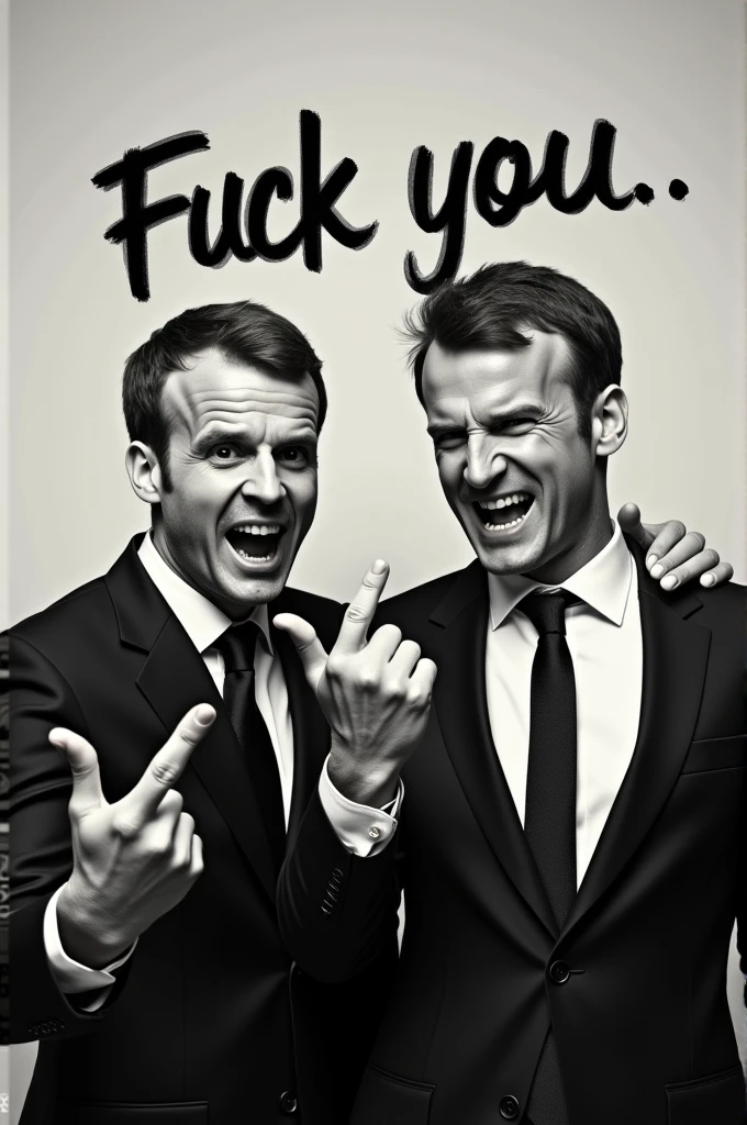 Emmanuel Macron and Granriel Attal give the finger. En fond ecrire : " Fuck you" 