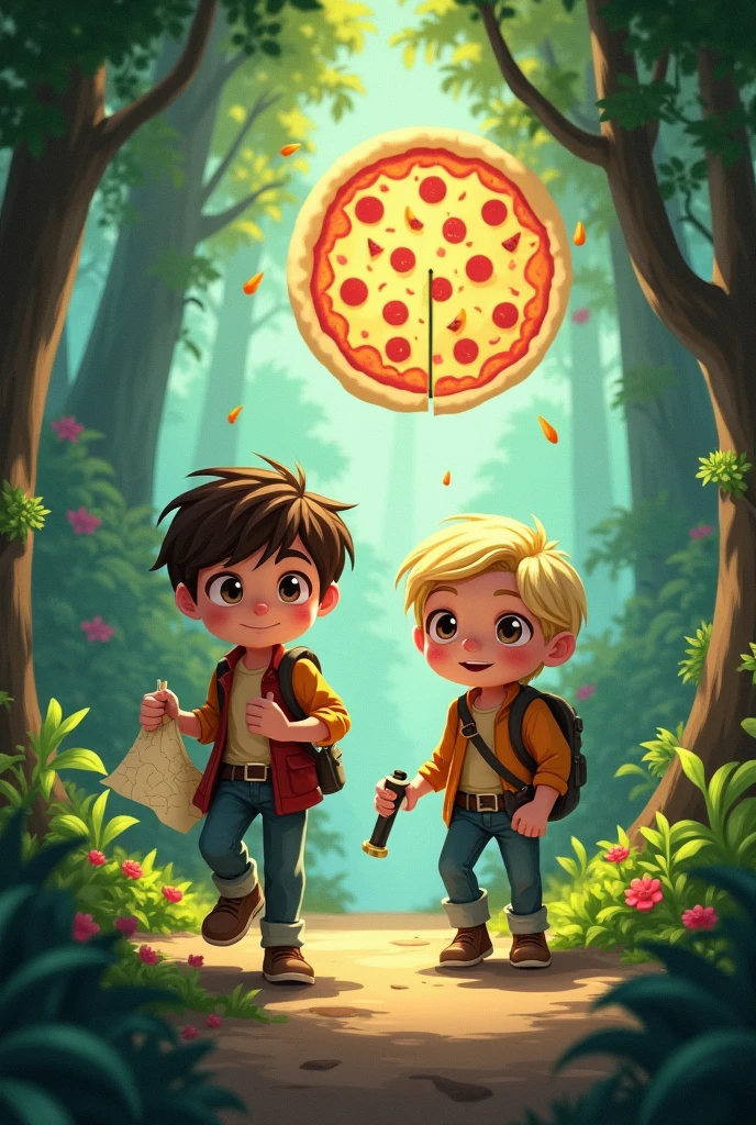Make a cover of two boys in search of a legendary pizza 