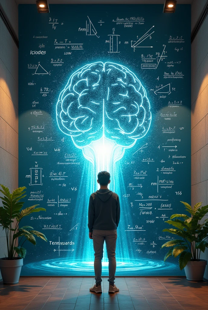 I have a wall in my math academy. In it I want to place a space for students to take photos.. I would like you to design a background where some numbers can be seen, mathematical symbols, formulas coming out of the head that denote a lot of wisdom
