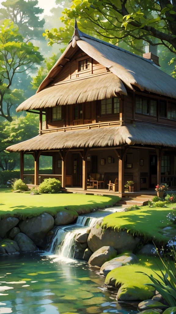 The image shows a small house with a thatched roof and a small waterfall in front of it. The house is surrounded by trees and a small stream running in front of it. The waterfall is made of watercolor and the trees are painted in shades of green and brown. The house is small and cozy, with a thatched roof and a small window on the side. The waterfall is made of watercolor and the trees are painted in shades of green and brown. The house is small and cozy, with a thatched roof and a small window on the side.