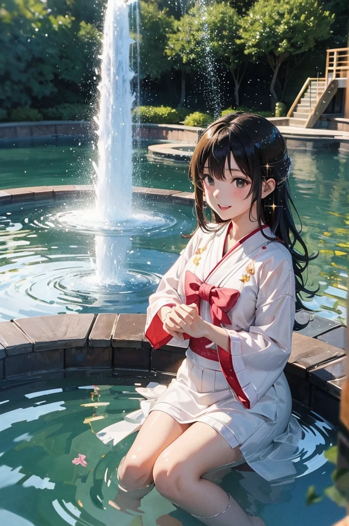 anime style, super fine illustration, highly detailed, dynamic angle, beautiful detailed, 8k, Japanese clothing young girl, about , playing in a fountain with their clothes on, on a summer afternoon; the Japanese clothing young girl, about , are smiling and the water splashes are sparkling (sparkle: 1.5). BREAK The bright sunlight reflects off the fountain, creating a lively atmosphere.