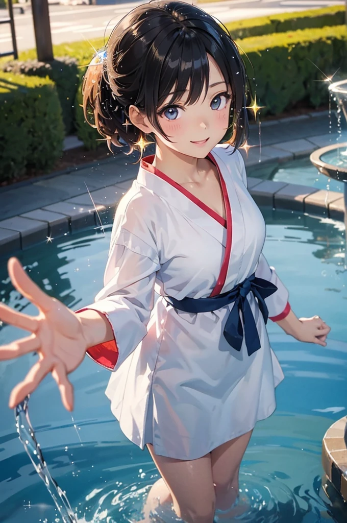 anime style, super fine illustration, highly detailed, dynamic angle, beautiful detailed, 8k, Japanese clothing young girl, about , playing in a fountain with their clothes on, on a summer afternoon; the Japanese clothing young girl, about , are smiling and the water splashes are sparkling (sparkle: 1.5). BREAK The bright sunlight reflects off the fountain, creating a lively atmosphere.