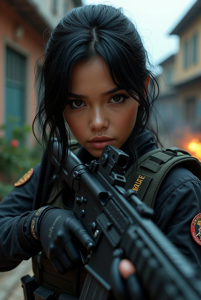 Masterpiece, high quality, best quality, beautiful, HD, realistic, perfect lighting, detailed face, detailed body, 1 woman, black hair, black eyes, feminine, beautiful detailed eyes, beautiful detailed lips, extremely detailed eyes and face, long eyelashes, 1 woman, SWAT team member, Filipina, realistic skin texture, hyperrealism, tactical gear, black automatic rifle, bulletproof vest, tactical watch, short hair, dynamic pose, in american mid-sized city, old buildings, best quality, 8k, highres, masterpiece, ultra-detailed, realistic, photorealistic, photo-realistic, HDR, UHD, studio lighting, ultra-fine painting, sharp focus, physically-based rendering, extreme detail description, professional, vivid colors, bokeh, concept art