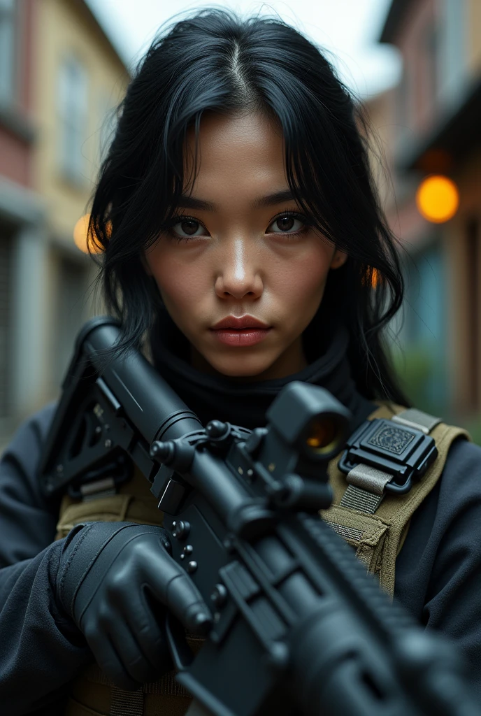 Masterpiece, high quality, best quality, beautiful, HD, realistic, perfect lighting, detailed face, detailed body, 1 woman, black hair, black eyes, feminine, beautiful detailed eyes, beautiful detailed lips, extremely detailed eyes and face, long eyelashes, 1 woman, SWAT team member, Filipina, realistic skin texture, hyperrealism, tactical gear, black automatic rifle, bulletproof vest, tactical watch, short hair, dynamic pose, in american mid-sized city, old buildings, best quality, 8k, highres, masterpiece, ultra-detailed, realistic, photorealistic, photo-realistic, HDR, UHD, studio lighting, ultra-fine painting, sharp focus, physically-based rendering, extreme detail description, professional, vivid colors, bokeh, concept art