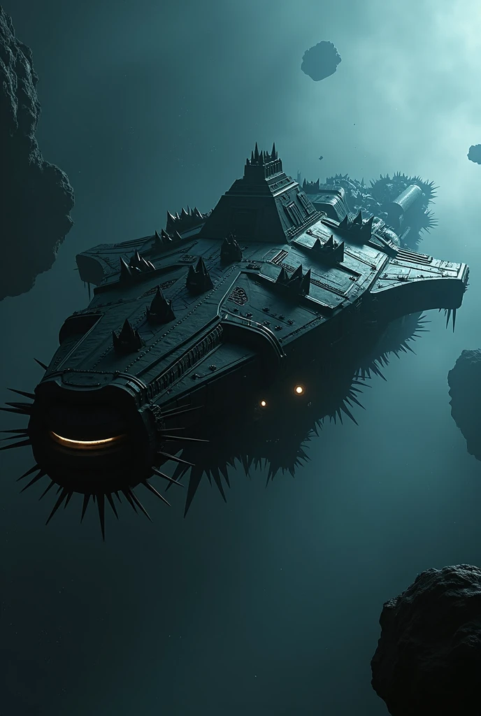 starship crusader, huge, black with spikes for whole ship, high high quality, tmasterpiece, Ultra-high resolution, (Photorealistic: 1.4), RAW photogr,shadowing, rendering by octane, 8k, Super sharp,very complex details, realistic raytraicing, CGSoation trends, cosmos,Dark and secluded,asteroids,Dark cyan tones