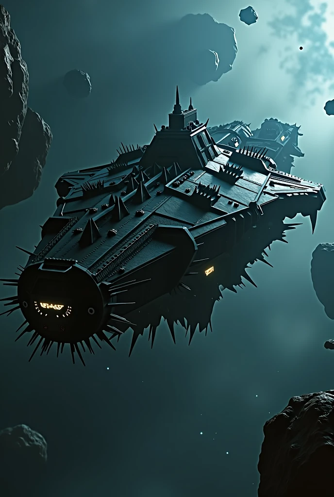starship crusader, huge, black with spikes for whole ship, high high quality, tmasterpiece, Ultra-high resolution, (Photorealistic: 1.4), RAW photogr,shadowing, rendering by octane, 8k, Super sharp,very complex details, realistic raytraicing, CGSoation trends, cosmos,Dark and secluded,asteroids,Dark cyan tones