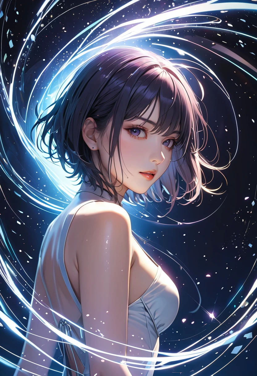 (masterpiece, best quality:1.1), (ultra highres, ultra-detailed:1.2),Motoko Kusanagi from "Ghost in the Shell" is floating in electronic space, bob-cut hair,bungs,surrounded by light particles and shimmering silver sparks that form an ethereal glowing, The atmosphere is mysterious with soft lighting creating a magical ambiance. Digital illustration.
