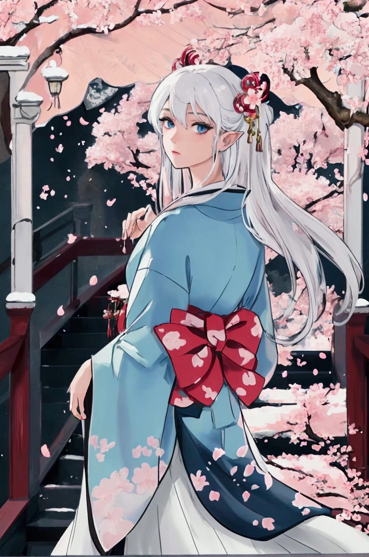 masterpiece, best quality, 1girl, blue eyes, long hair, white hair, tree, stairs, standing, kimono, sky, cherry blossoms, temple, looking at viewer, upper body, from below, looking back, ears and tail from snow leopard.