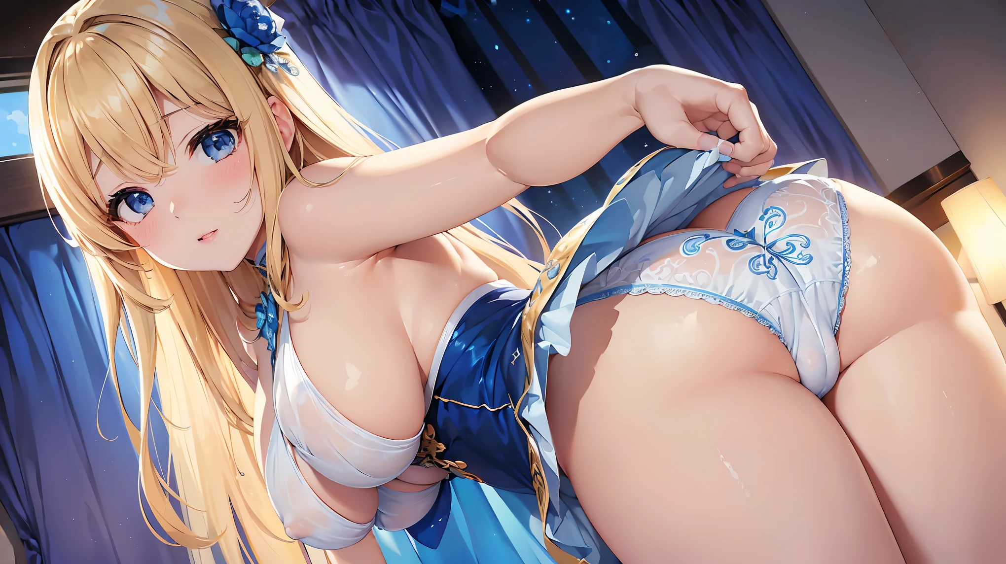 ((Highest quality、High resolution))、Beautiful woman、Perfect body、Beautiful and bountiful breasts、(tits)、long blond、bangs、Blue and white、Embellished blue sexy dress、skirt、(((ass pov、Showing panties、I&#39;m tempting you、A woman opening her legs and inviting sex)))、Outdoor Scenery