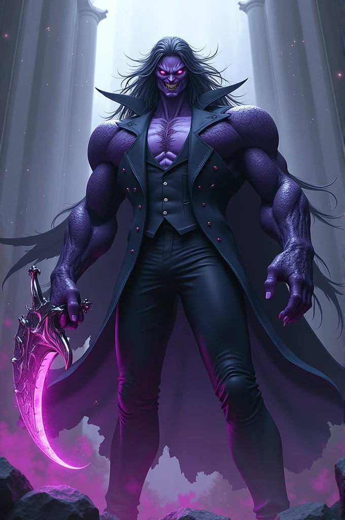 3D character, a demon, vlad plasmius very tall dressed in a suit with a jewel on his neck, violet, very classy, Fangs, In the middle, picollo daimacu, very long black hair, Violet  eyes, beautiful eyes, large circular reflective zangetsu, large white gloves, white combat boots, vampire dress, Wild, with Asian touches, a fusion between vlad plasmius, Hulk, zangetsu y picollo daimacu, (cinematographic composition), (horror : 0.2), (Best Quality, masterpiece, 4k, ultra detailed, sharp focus, 8k, High Definition:1.2), (by Danny Mac 3D, por Follygon), (masterpiece: 1.2), battle, Badass.
