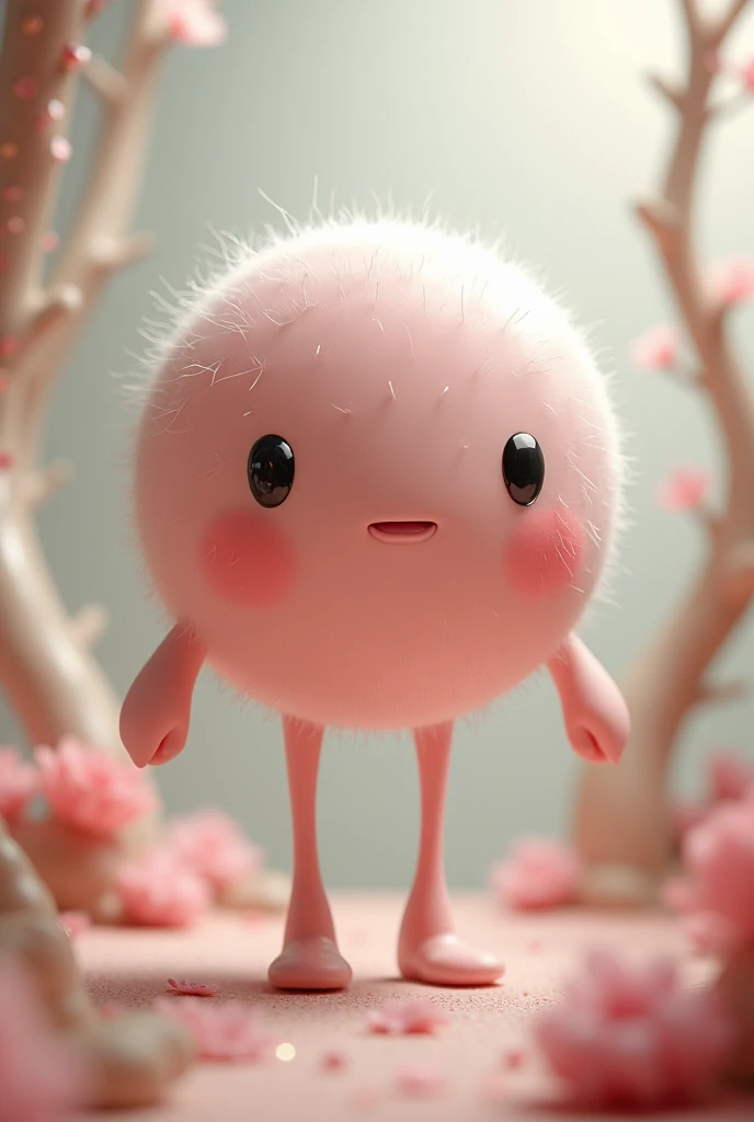 a spherical creature with 2 long slim legs and 2 slim long arms, two big round eyes, a mouth, pink skin