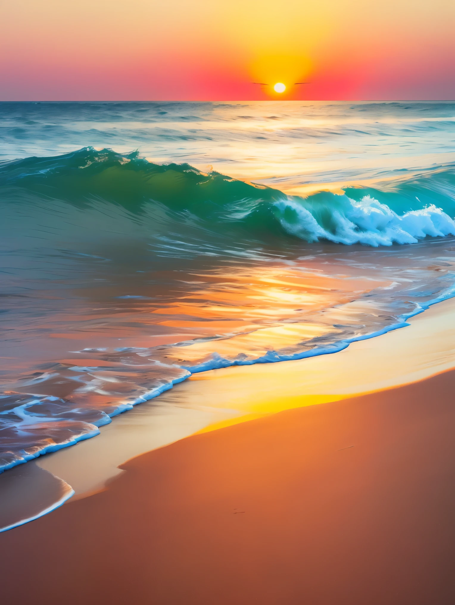 A stunning sunset scene over a tranquil beach, where the sun, partially covered by dark clouds, casts a deep orange and red glow across the sky. The clouds are tinged with warm hues of pink and crimson, creating a dramatic contrast against the fading blue of the evening sky. The sun reflects vividly on the gentle waves of the ocean, painting the water with shimmering shades of gold and orange. The shoreline curves gracefully, with soft sand illuminated by the warm light, while the distant horizon features a small rocky breakwater and a faint silhouette of an island. The scene conveys a serene yet powerful mood, enhanced by the rich colors and the calm yet flowing movement of the waves.