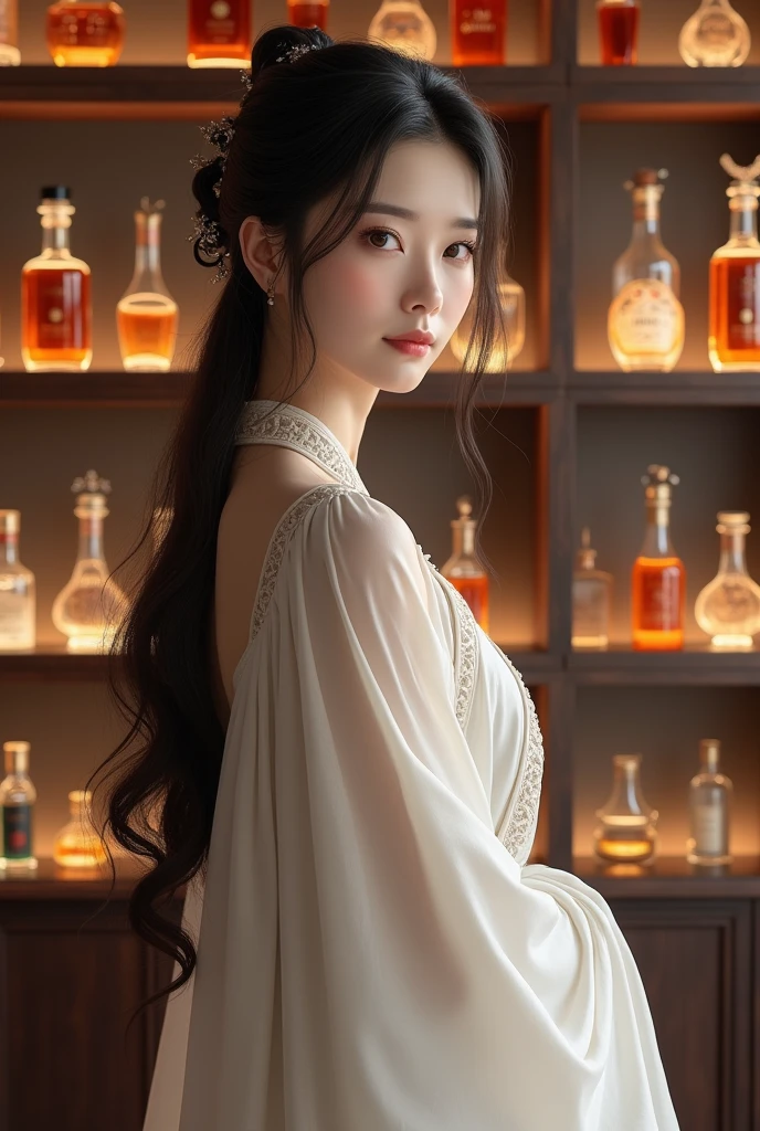A brunette girl with curly hair and big breasts sits with her legs stretched out, taking a realistic photoCreate a realistic photo of an ancient Tang Dynasty woman in a white silk dress, standing in a fine liquor store with beautifully shaped glass bottles of distilled liquor on shelves for people in different outfits to choose from.