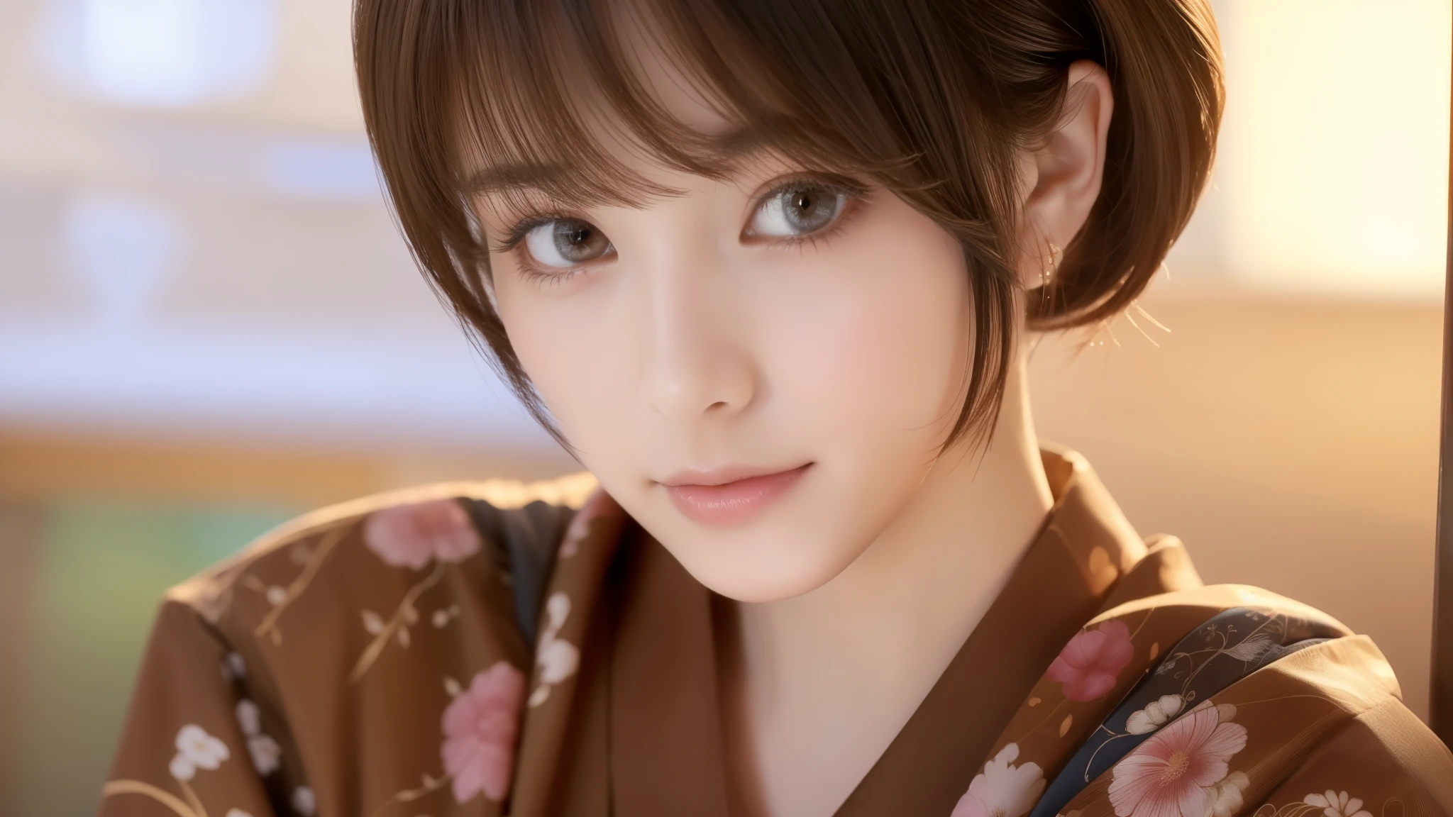 1Must be a person, Beautiful scenery, nature, Realistic photos, Beautiful Eyes, Elegant kimono, Calm expression, Soft lighting, Traditional Japanese art style, Vibrant colors, Peaceful atmosphere, Delicate features, Graceful posture, (((Face close-up)))、(((Brown, shoulder-length, straight short bob)))、(((She is posing like a model at a hair salon. )))、18-year-old girl、Independent、I'm looking forward to、Light eye makeup、Brown Hair Color、Flat 、Hair blowing in the wind、Quality of actress、Shiny, Ultra-realistic faces、smile、Watery eye、look up、Ultra-Realistic Capture、Very detailed、High resolution 16K human skin closeup。肌の質感はnatureでなければならない、The detail must be such that the pores are clearly visible.、skin is healthy、High quality photos taken by modeling agencies'、smile、(((Sigma 300mm F/1.4,1/1000 sec shutter,ISO400)))
