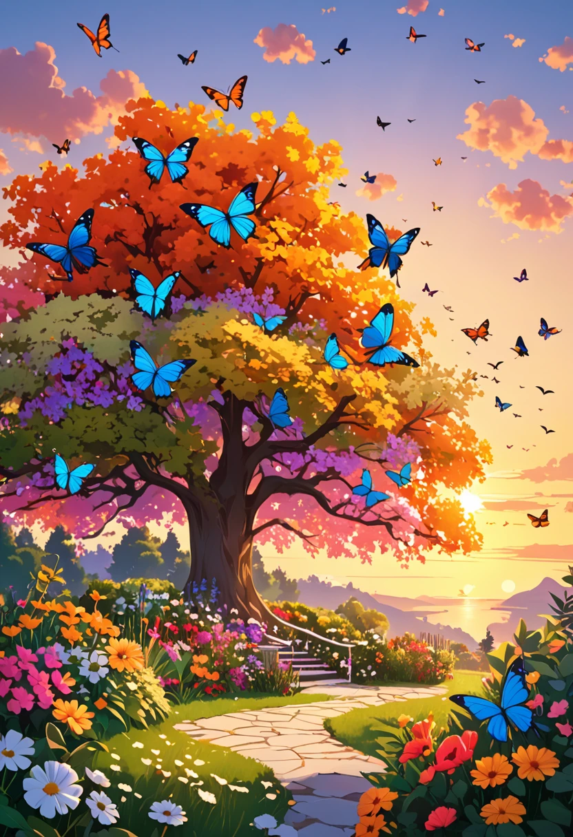 A garden with all types and colors of flowers  ,,Swiss style , arte de qualidade, 8k ,alone, Ao anoitecer ,butterflies and birds octane , tree, Sunset,detailded 