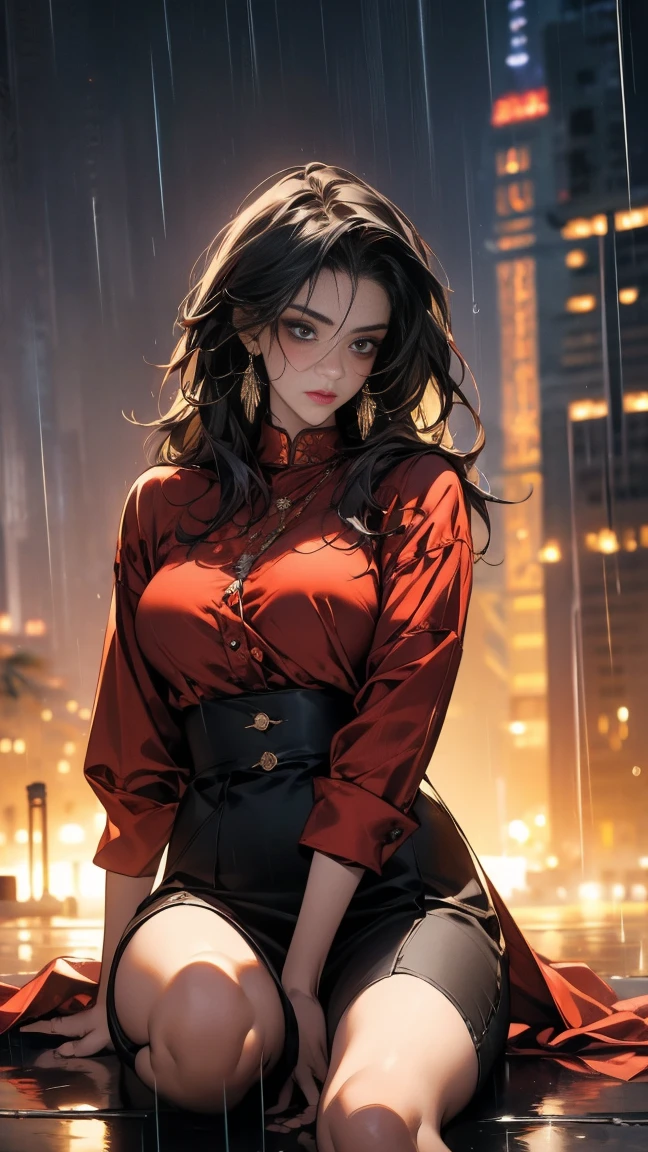 Full body view, ((highest quality)), ((masterpiece)), (be familiar with), Perfect Face, (High definition), (Best Shadow), 8k, cinematic, (Realistic:1.4),dramatic, (Rainy day), A woman 20 years old, Black hair, Amber color eyes, Squared down with her knees on a tall building, wearing a full black suite, Her curves can be seen thought it, She was holding a katana, she is looking directly at the front