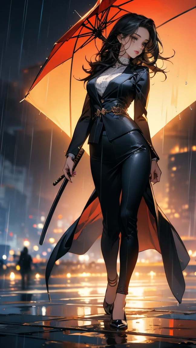 Full body view, ((highest quality)), ((masterpiece)), (be familiar with), Perfect Face, (High definition), (Best Shadow), 8k, cinematic, (Realistic:1.4),dramatic, (Rainy day), A woman 20 years old, Black hair, Amber color eyes, Squared down with her knees on a tall building, wearing a full black suite, Her curves can be seen thought it, She was holding a katana, she is looking directly at the front
