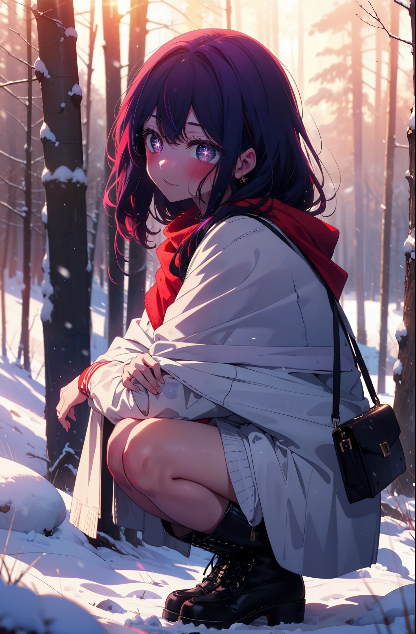 aihoshino, Ai Hoshino, Long Hair, bangs, (Purple eyes:1.1), Purple Hair, (Symbol-shaped pupil:1.5), smile,,smile,blush,white breath,
Open your mouth,snow,Ground bonfire, Outdoor, boots, snowing, From the side, wood, suitcase, Cape, Blurred, , forest, White handbag, nature, Squat, Mouth closed, Cape, winter, Written boundary depth, Black shoes, red Cape break looking at viewer, Upper Body, whole body, break Outdoor, forest, nature, break (masterpiece:1.2), Highest quality, High resolution, unity 8k wallpaper, (shape:0.8), (Beautiful and beautiful eyes:1.6), Highly detailed face, Perfect lighting, Highly detailed CG, (Perfect hands, Perfect ???????),