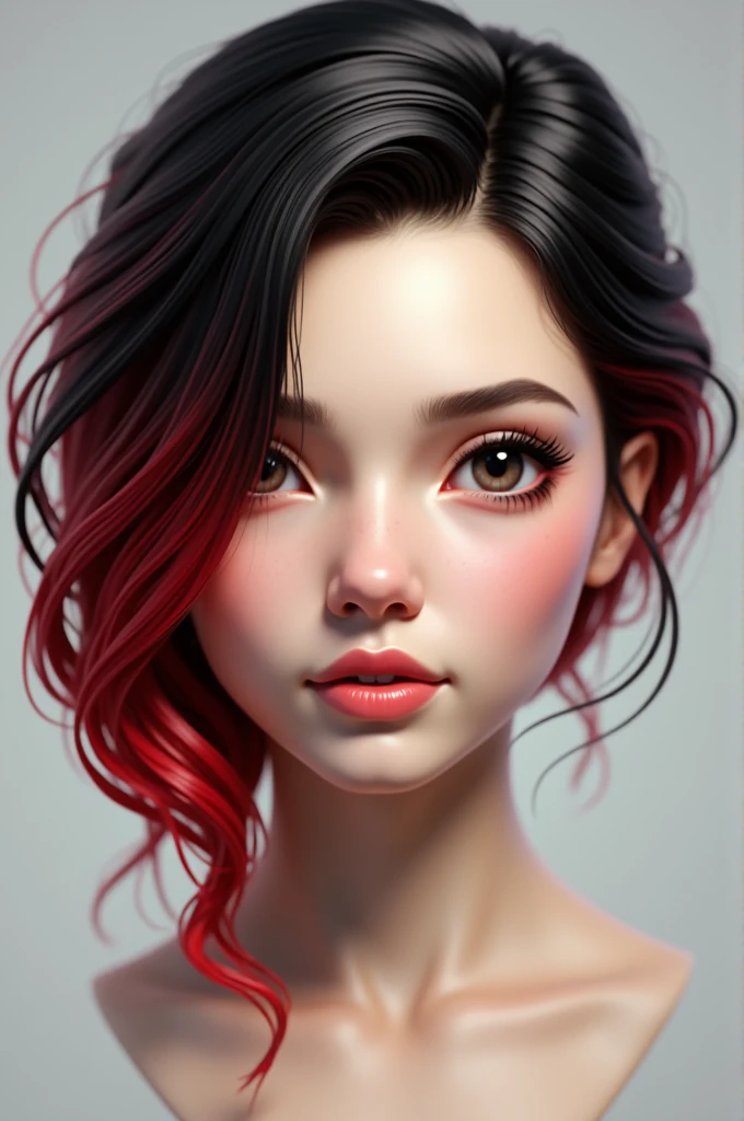 ((hyper detailed)) realistic, female face, with red and black hair color, cute and beautiful, focus detailed eyes, lips and nose, rendered in blender, show only head and neck, floating, 3d Work in progress.