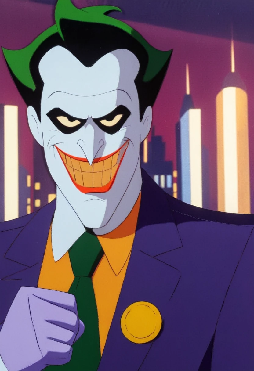 anime artwork of  In Gotham City a cartoon joker with a tie and a purple suit Batman The Animated Series Style, anime style, key visual, vibrant, studio anime,  highly detailed