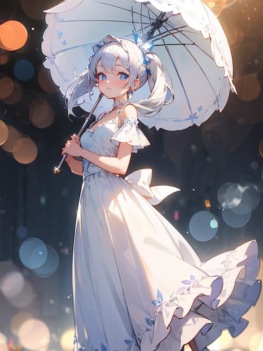 Georgeous, Beautiful, Cute, Baby Face, 1, White Skin, Cleavage, Sleeveless, Off Shoulder, Strapless, ((White Long Lolita Dress)), (Embroidery), Posing, ((Silver Hair)), ((Bright Blue Eye)), ((Bokeh:1.3)), Animal Farmer Background, Masterpiece, Twintails