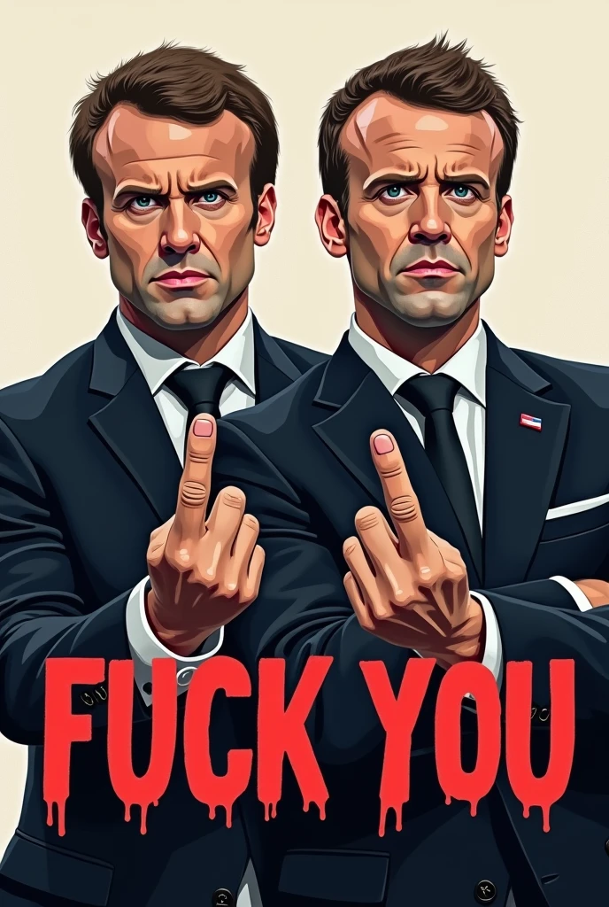 Emmanuel Macron and Grabriel Attal give the finger. En fond ecrire : " Fuck you"