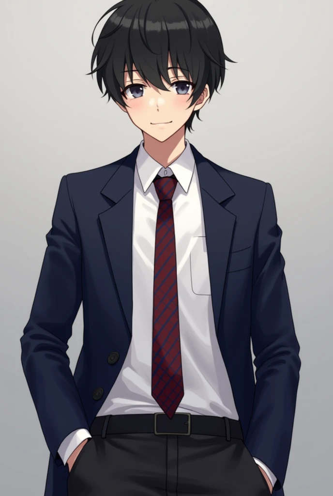 short black haired male student wearing a white shirt, dark blue blazer, red blue tie, black trousers.