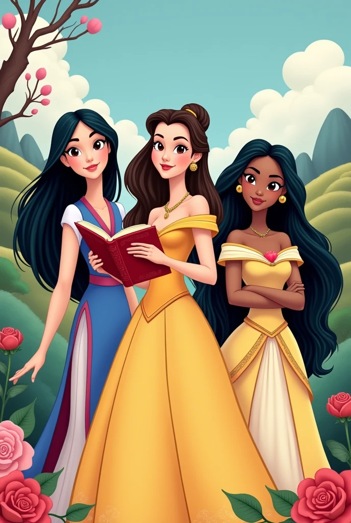 Make a picture that lookalike cartoon with princess mulan, belle and pocahontas