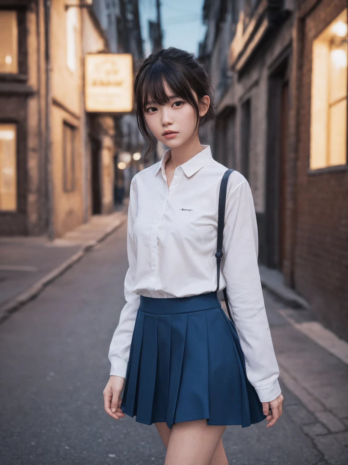 ultra-absurdres-Top quality by artist God, ultra-detailed, high resolution, hyperrealistic artstyle, best realistic 8k konachan wallpaper, pixiv contest winner, perfect anatomy,break, 1girl,(Please draw a girl walking sleepily to home alone. )break, (Solo,little female, 15-year-old:1.3), idol face, school student, (very short hair), medium breasts, beautiful (well-shaped) breasts, groin, butt, soft expression, school uniform, white shirt, pleated skirt, night, neon, (Detailed Lighting), (Detailed background),,break,super detailed skin, shiny skin, Best sexual lighting powered by famous artist, 8k,beauty illustration,photoshop_(medium),very aesthetic,absurdres, award winning portrait, (bokeh:1.1)