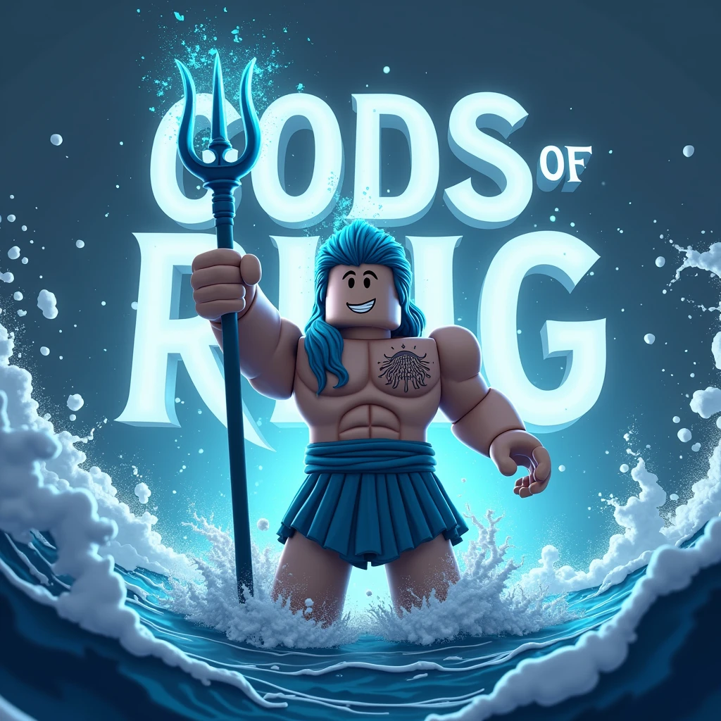Posidon as a roblox character with his trident shooting water in the dark (add text saying “Gods Of RNG in the background and make the text big)