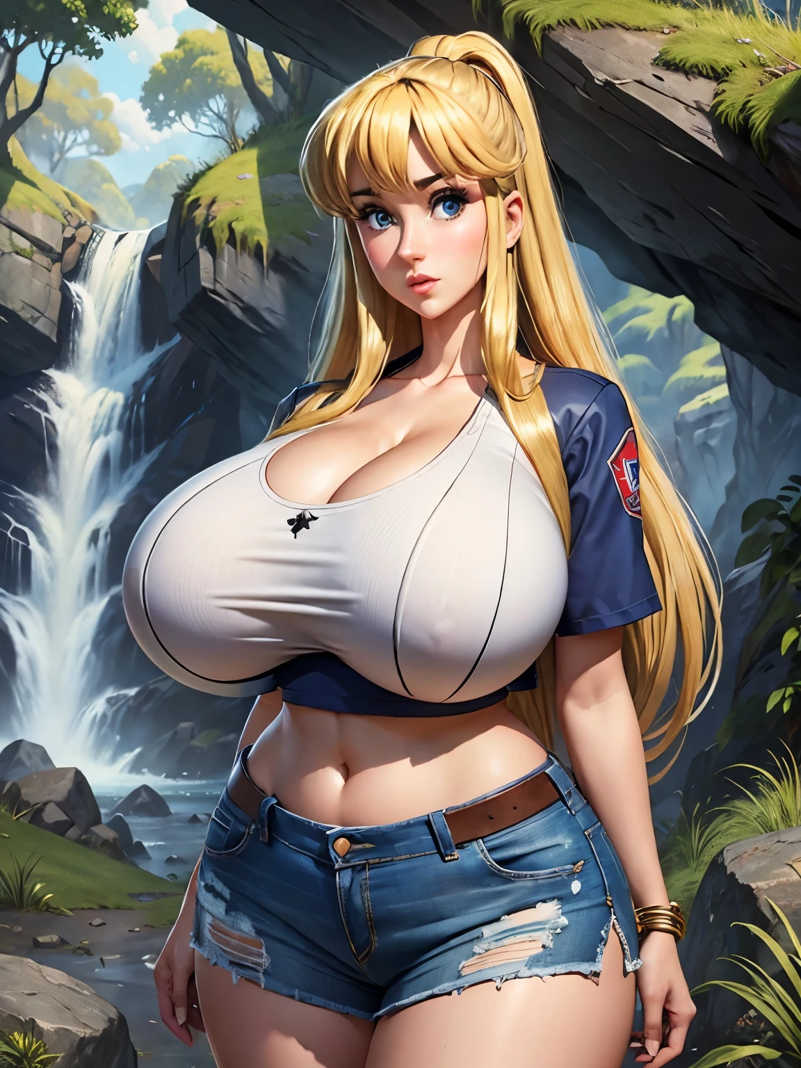 (masterpiece, Highest quality:1.2, 8k, Ultra-high resolution), (1girl), a character of Kochikame, (blonde, long hair), (Ultra Slim Waist, perfect slim model body style), ((crop top shirt, midriff:2.0, short jeans skirt)), ((((ultra huge breasts, ultra huge cleavages, ultra huge boobs, ultra huge tits)))), Detailed face, Detailed eyes, Beautiful Eyes, Perfect Eyes, Ultra-realistic & Highly detailed skin texture, (outdoors, cliff, grass, rocks, trees), (standing),