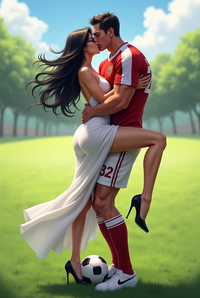 A man pick up woman and her legs wrapped around man s waist and kissing eachother .man and woman standing in a football field ground .man is wearing red and white 32 no sports jersey. Girl is wearing long white dress and glasses. She has black hair and wearing high heel. Man is one foot standing on soccer ball . Girl hand in man s arm and man s hand on her ass