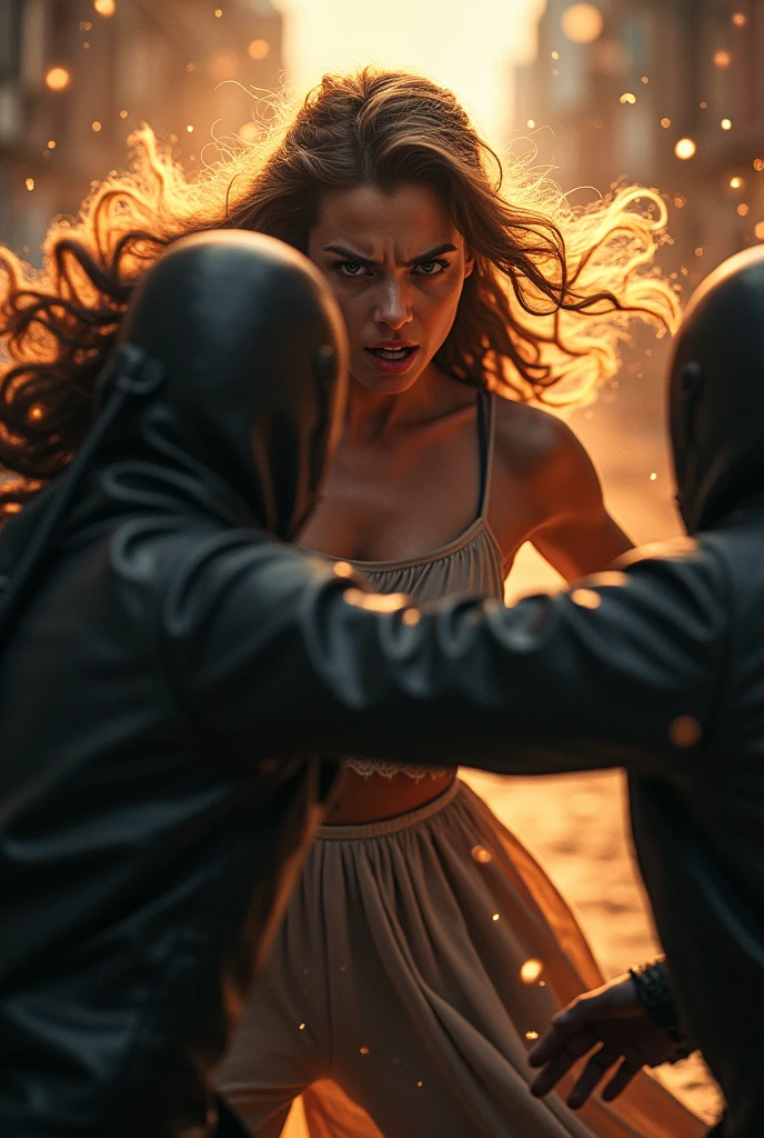 The young woman, her face fierce and determined, physically fights back against her attackers. The scene is intense and dynamic, with fast motion and powerful action shots. Her expression reflects both rage and empowerment. The background is a dark, urban environment, but her figure is illuminated as if by an inner light, symbolizing the divine strength of the goddesses. The attackers are shown in retreat, their expressions fearful and surprised.