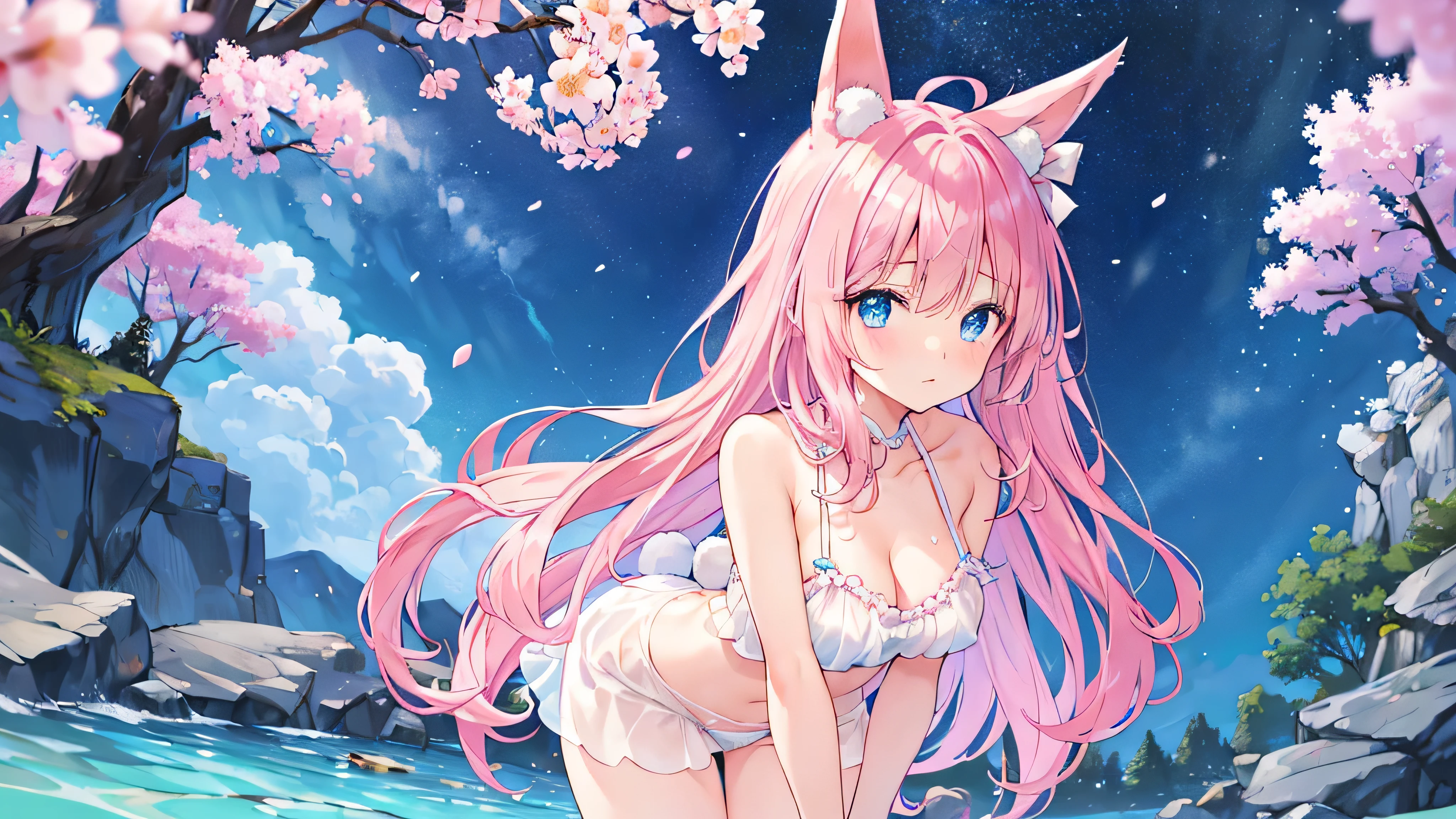 beautiful picture, best quality, a cute girl, Outdoor public hot spring, pastel colors, fluffy rabbit ears, ,Yellow long hair, bright star, blue eyes, cleavage, cute expression, Exposed shoulders, See-through pink lingerie, wet, navel, embarrassing, White skin, Vigorous, standing, upper body bent, Soaking feet in water, wind, Put your hands on your knees,, whole body, night, meteor, unfettered, Suggestive poses, Butt back, Upper body forward, wet 피부, Right hand on the chin, Left hand on knee, Smooth thighs, Cherry Blossom