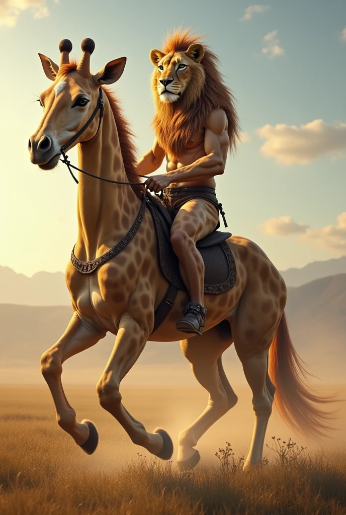 A lion with a giraffe's head, riding on a horse